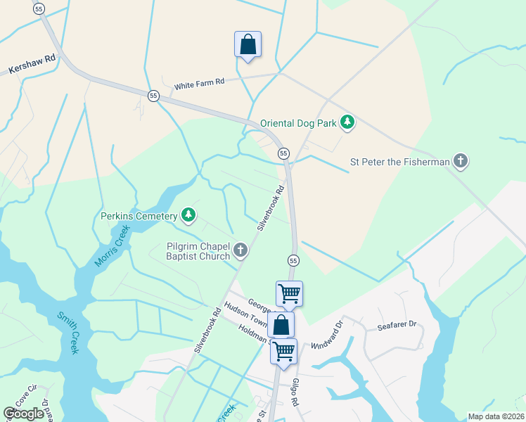 map of restaurants, bars, coffee shops, grocery stores, and more near 1437 Silverbrook Road in Oriental