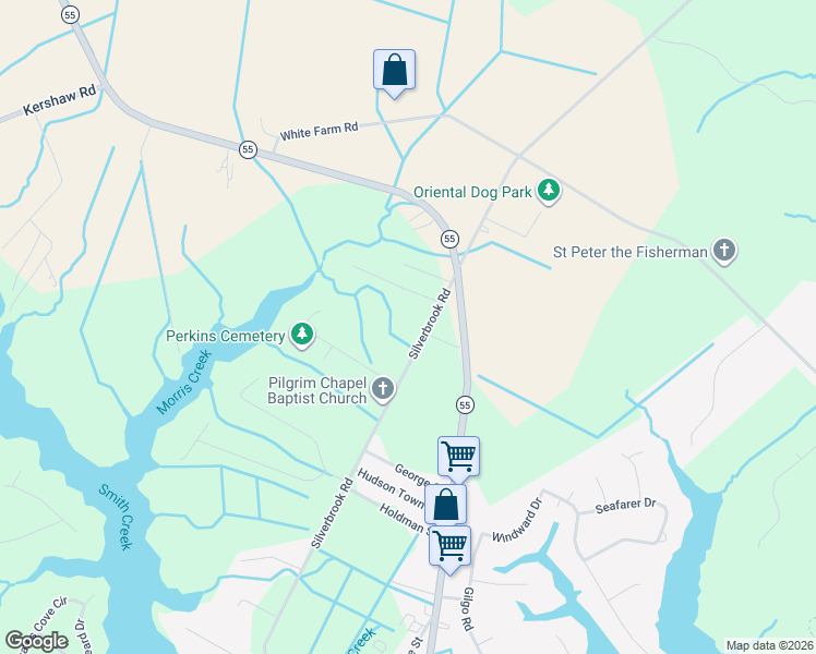 map of restaurants, bars, coffee shops, grocery stores, and more near 1437 Silverbrook Road in Oriental