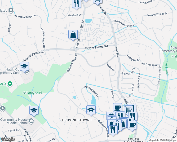 map of restaurants, bars, coffee shops, grocery stores, and more near 8843 Gamesford Drive in Charlotte