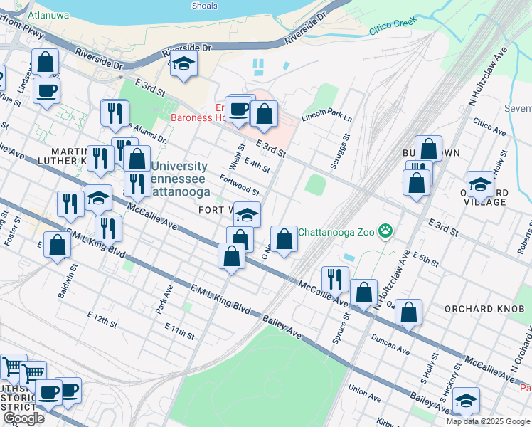 map of restaurants, bars, coffee shops, grocery stores, and more near 949 Vine Street in Chattanooga