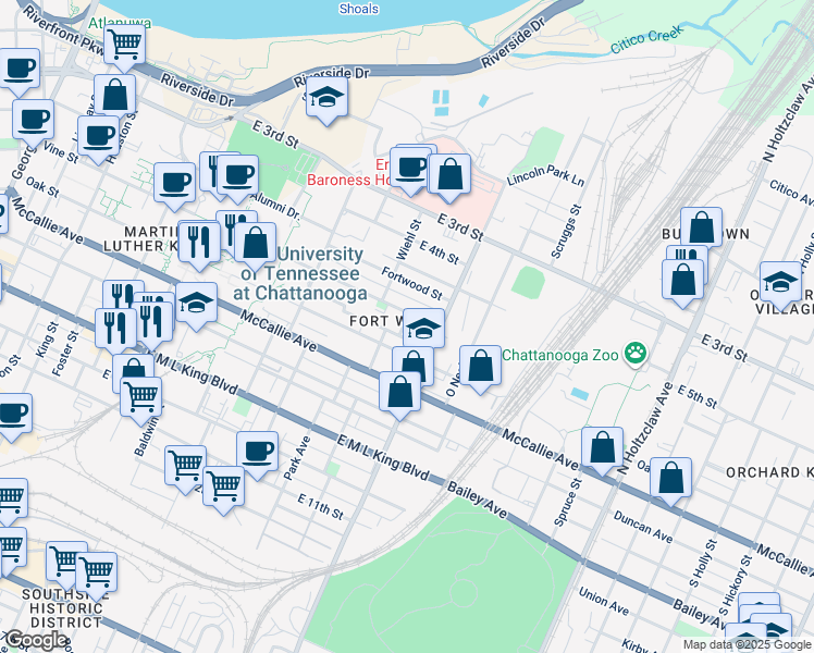 map of restaurants, bars, coffee shops, grocery stores, and more near 900 Vine Street in Chattanooga