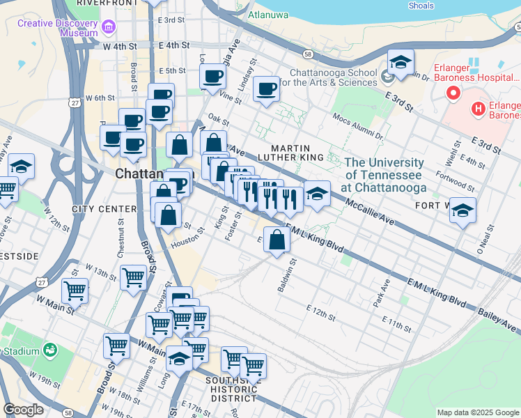 map of restaurants, bars, coffee shops, grocery stores, and more near 411 East Martin Luther King Boulevard in Chattanooga