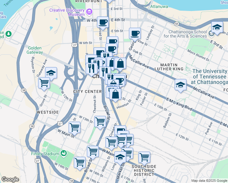 map of restaurants, bars, coffee shops, grocery stores, and more near in Chattanooga