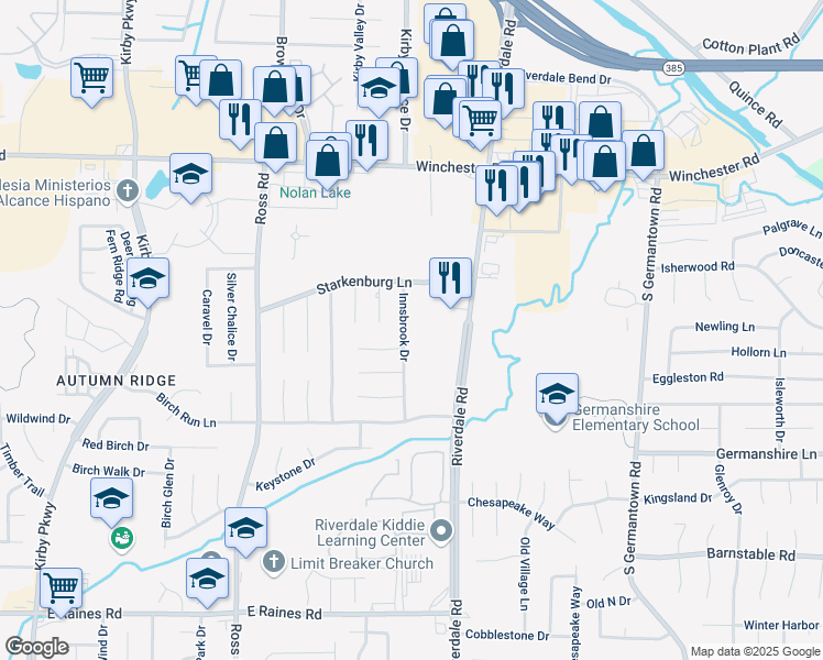 map of restaurants, bars, coffee shops, grocery stores, and more near 3823 Innsbrook Drive in Memphis