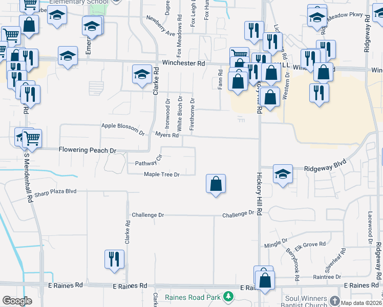 map of restaurants, bars, coffee shops, grocery stores, and more near 5730 Winter Tree Drive in Memphis
