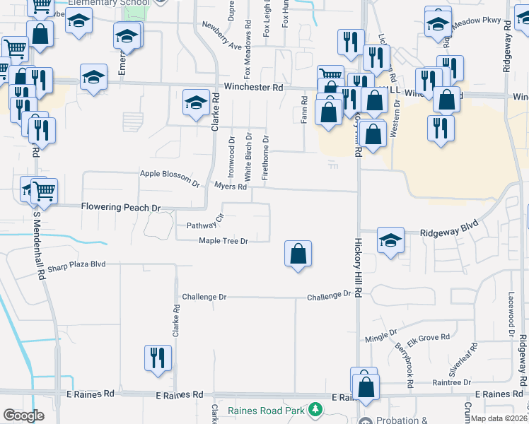 map of restaurants, bars, coffee shops, grocery stores, and more near 5730 Winter Tree Drive in Memphis
