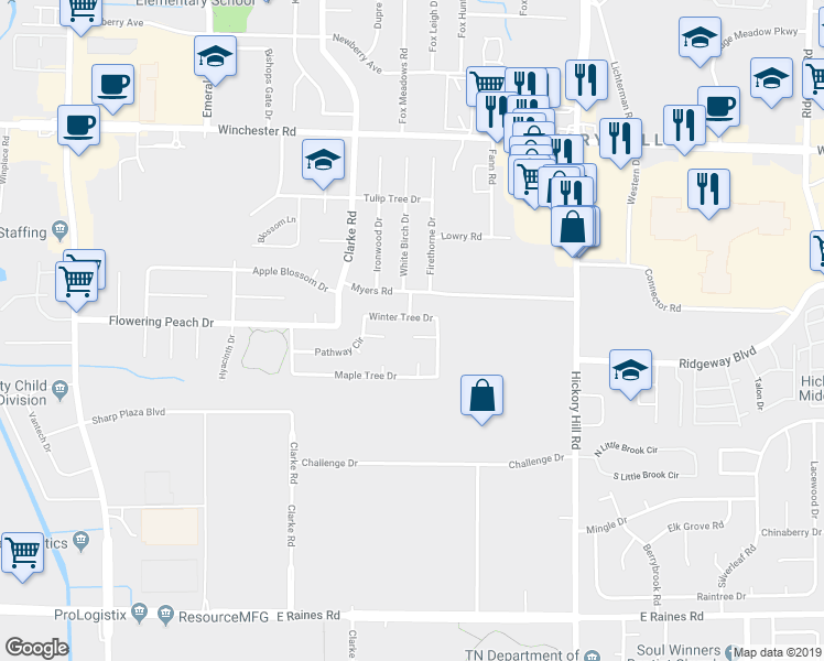 map of restaurants, bars, coffee shops, grocery stores, and more near 5730 Winter Tree Drive in Memphis