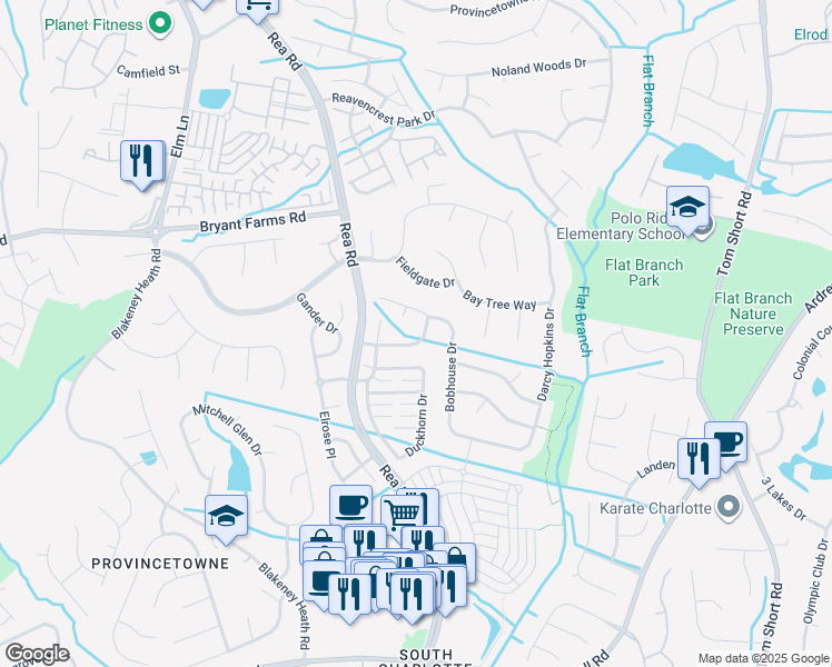 map of restaurants, bars, coffee shops, grocery stores, and more near 9205 Bellegarde Drive in Charlotte