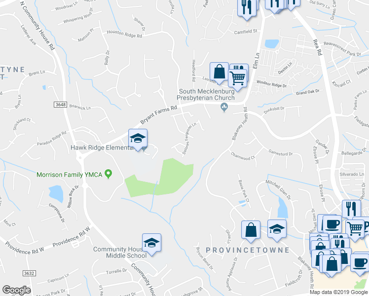 map of restaurants, bars, coffee shops, grocery stores, and more near 8905 Bryant Field Circle in Charlotte