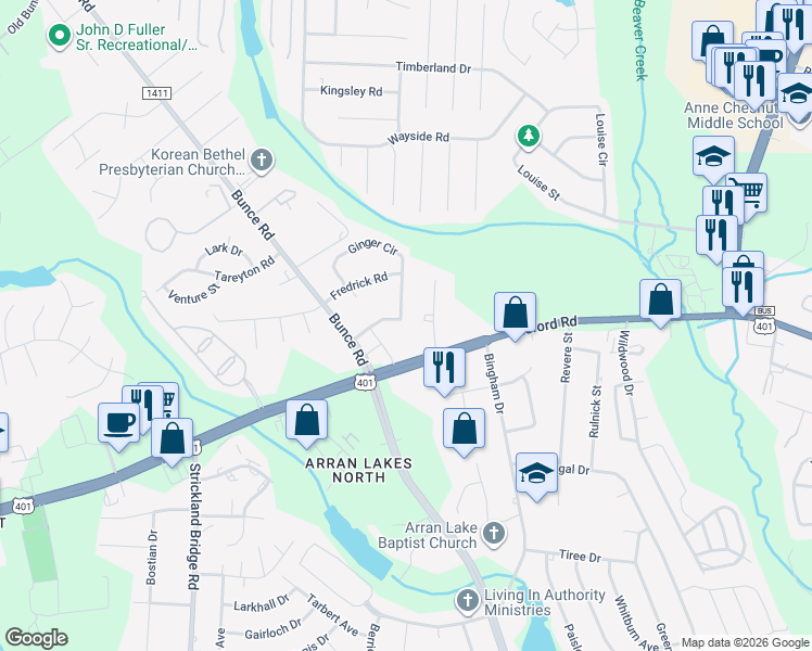 map of restaurants, bars, coffee shops, grocery stores, and more near 6334 Ginger Circle in Fayetteville