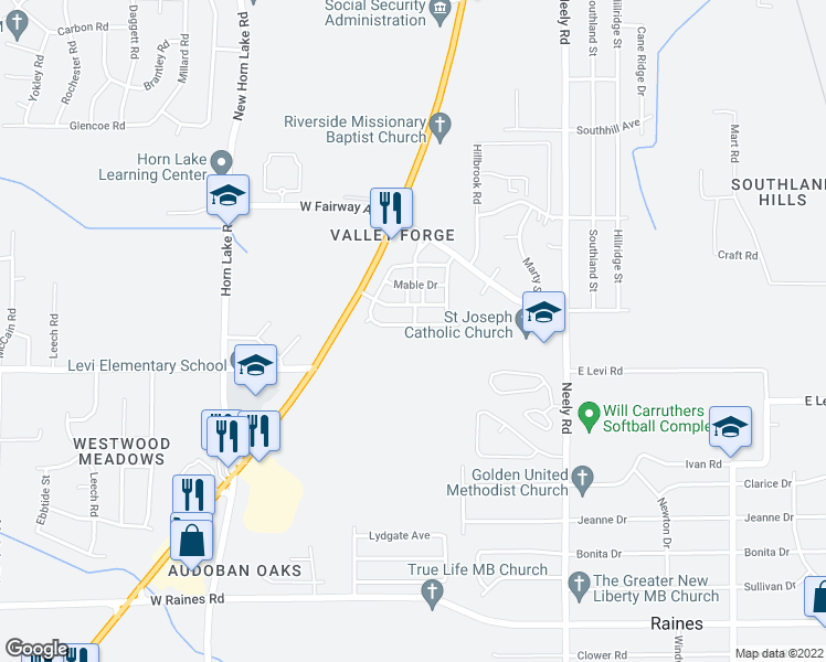 map of restaurants, bars, coffee shops, grocery stores, and more near 76 Haas Avenue in Memphis