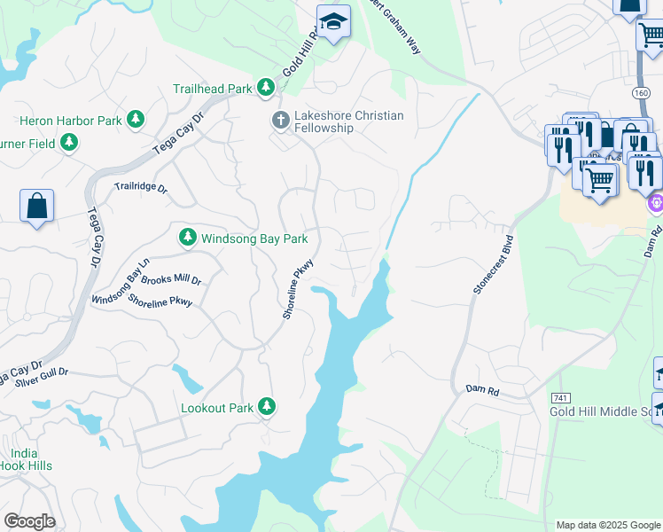 map of restaurants, bars, coffee shops, grocery stores, and more near 199 Shoreline Parkway in Tega Cay