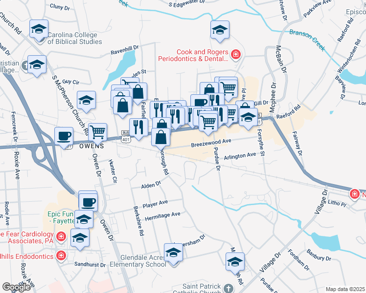 map of restaurants, bars, coffee shops, grocery stores, and more near 2932 Breezewood Avenue in Fayetteville