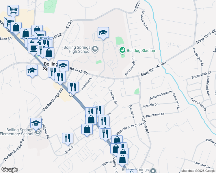 map of restaurants, bars, coffee shops, grocery stores, and more near 2224 Old Furnace Road in Boiling Springs