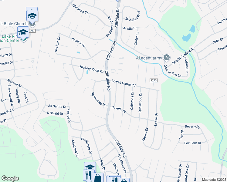 map of restaurants, bars, coffee shops, grocery stores, and more near 1070 Quailmeadow Drive in Fayetteville