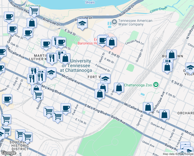 map of restaurants, bars, coffee shops, grocery stores, and more near 900 Vine Street in Chattanooga