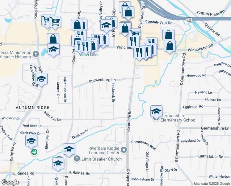 map of restaurants, bars, coffee shops, grocery stores, and more near 3823 Innsbrook Drive in Memphis