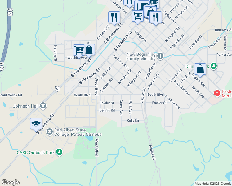 map of restaurants, bars, coffee shops, grocery stores, and more near 505 Morris Avenue in Poteau