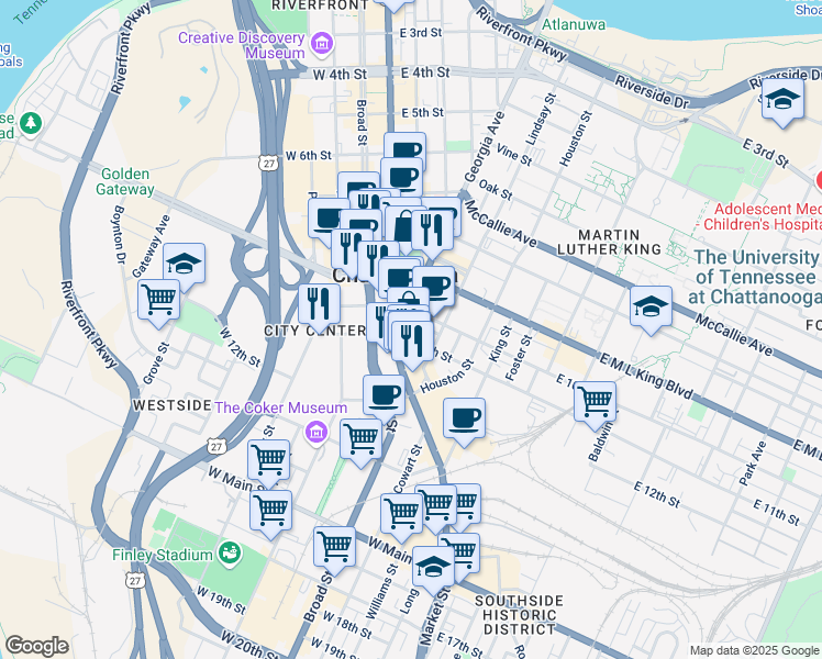 map of restaurants, bars, coffee shops, grocery stores, and more near 1 East 11th Street in Chattanooga