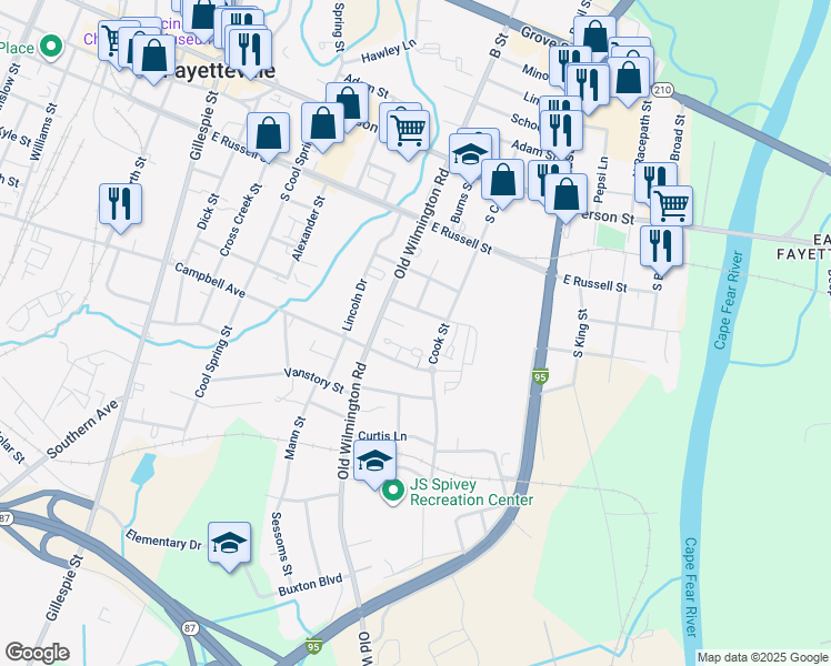 map of restaurants, bars, coffee shops, grocery stores, and more near 410 Carbonton Street in Fayetteville