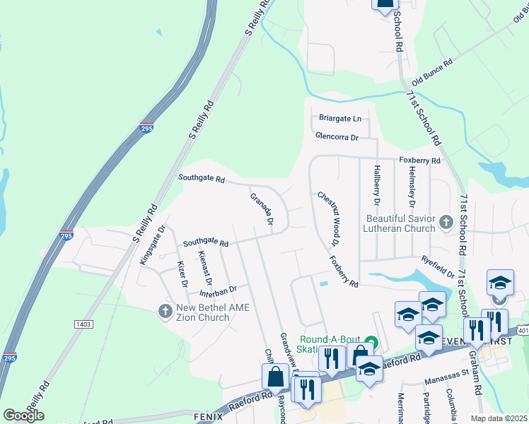 map of restaurants, bars, coffee shops, grocery stores, and more near 1416 Granada Drive in Fayetteville