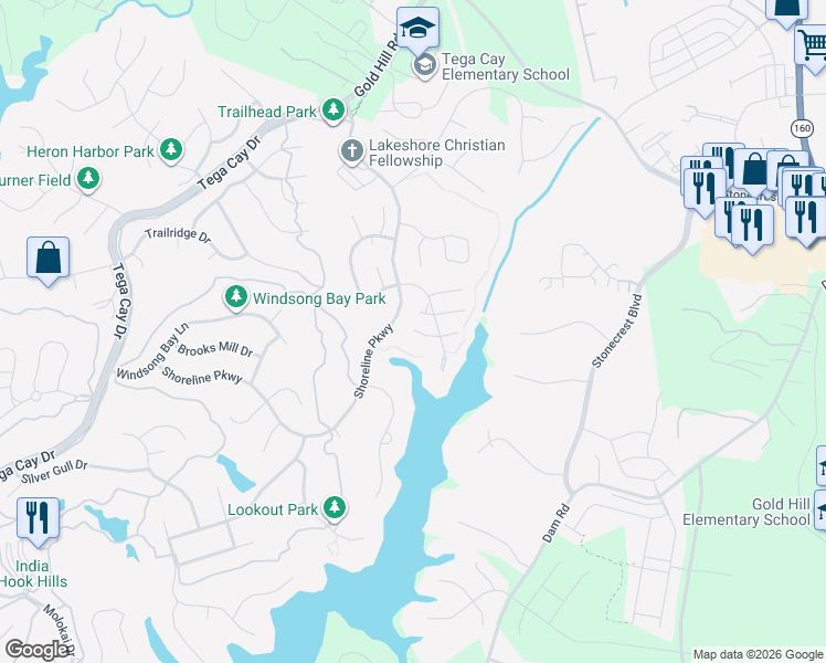 map of restaurants, bars, coffee shops, grocery stores, and more near 199 Shoreline Parkway in Tega Cay