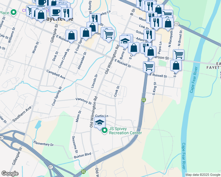 map of restaurants, bars, coffee shops, grocery stores, and more near 410 Carbonton Street in Fayetteville