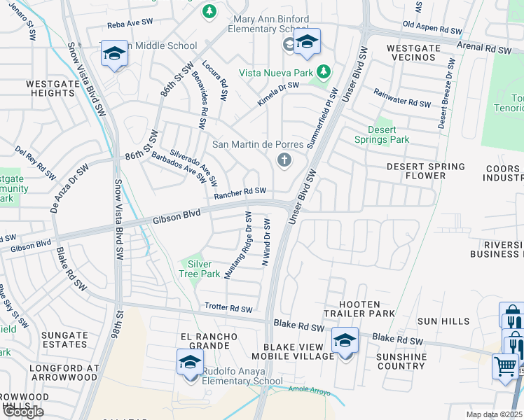 map of restaurants, bars, coffee shops, grocery stores, and more near 8401 Bay Mare Avenue Southwest in Albuquerque