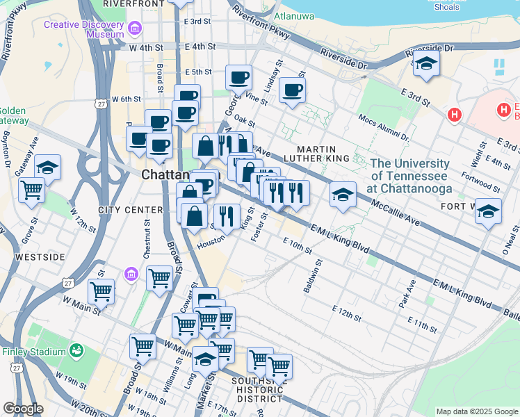map of restaurants, bars, coffee shops, grocery stores, and more near 328 East Martin Luther King Boulevard in Chattanooga