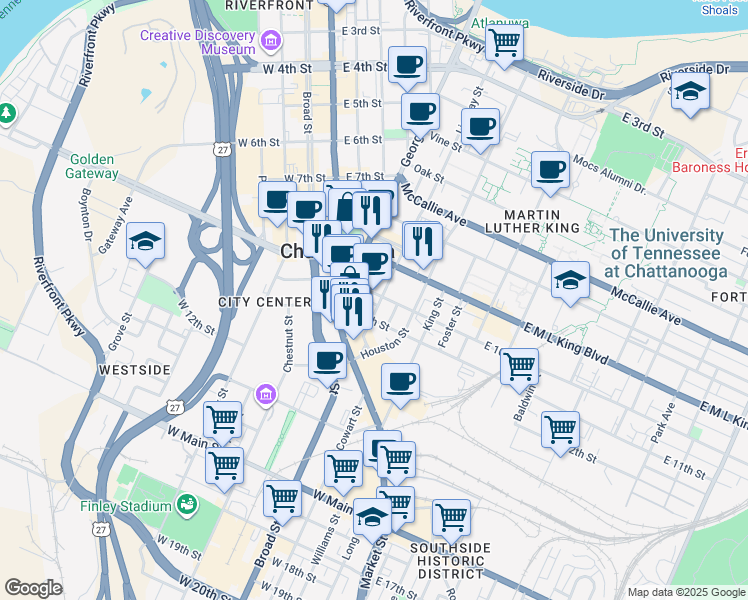 map of restaurants, bars, coffee shops, grocery stores, and more near 919 Lindsay Street in Chattanooga