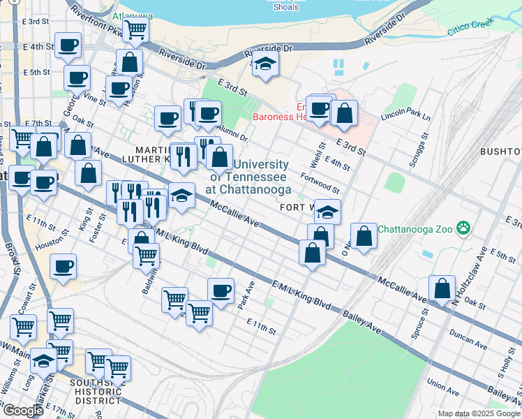 map of restaurants, bars, coffee shops, grocery stores, and more near 823 Oak Street in Chattanooga