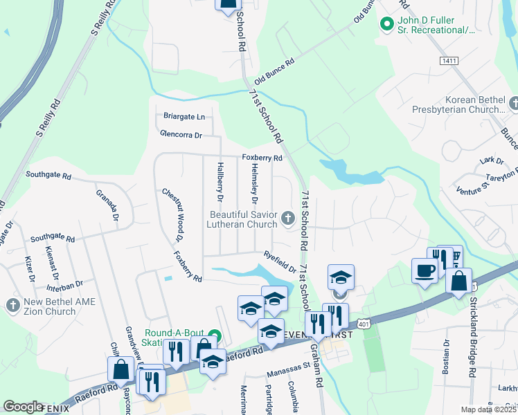 map of restaurants, bars, coffee shops, grocery stores, and more near 1167 Helmsley Drive in Fayetteville