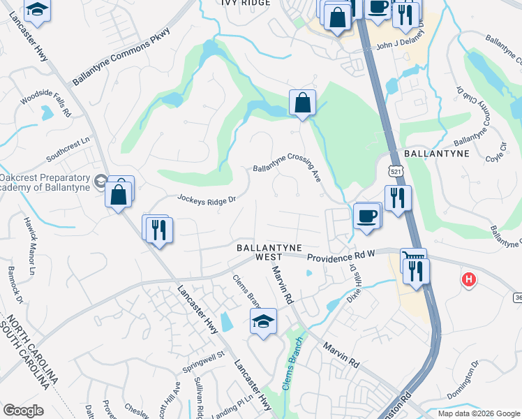 map of restaurants, bars, coffee shops, grocery stores, and more near 14411 Bishar Lane in Charlotte