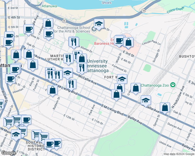 map of restaurants, bars, coffee shops, grocery stores, and more near 823 Oak Street in Chattanooga
