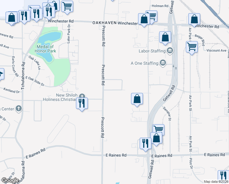 map of restaurants, bars, coffee shops, grocery stores, and more near 3668 East Victory Heights Lane in Memphis