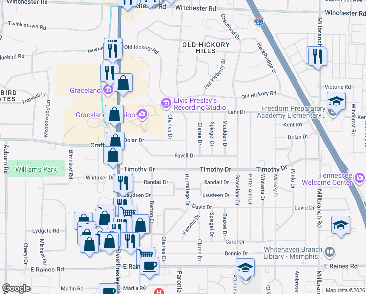 map of restaurants, bars, coffee shops, grocery stores, and more near 1354 Dolan Drive in Memphis