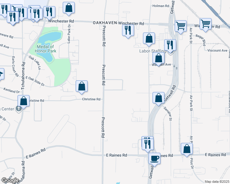 map of restaurants, bars, coffee shops, grocery stores, and more near 3668 East Victory Heights Lane in Memphis