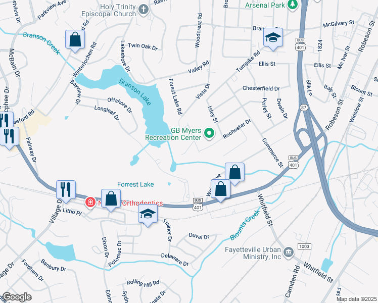 map of restaurants, bars, coffee shops, grocery stores, and more near 1529 Lacy Street in Fayetteville