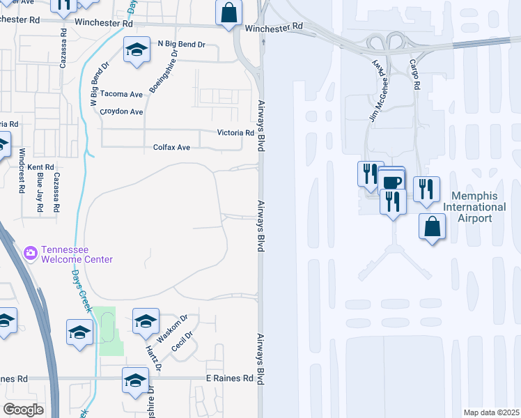 map of restaurants, bars, coffee shops, grocery stores, and more near 3851 Airways Boulevard in Memphis