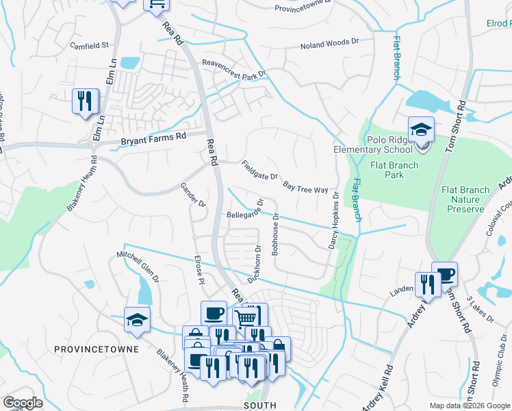 map of restaurants, bars, coffee shops, grocery stores, and more near 9216 Bellegarde Drive in Charlotte