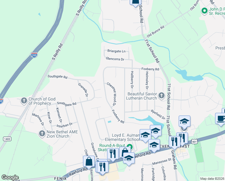 map of restaurants, bars, coffee shops, grocery stores, and more near 1121 Chestnut Wood Drive in Fayetteville