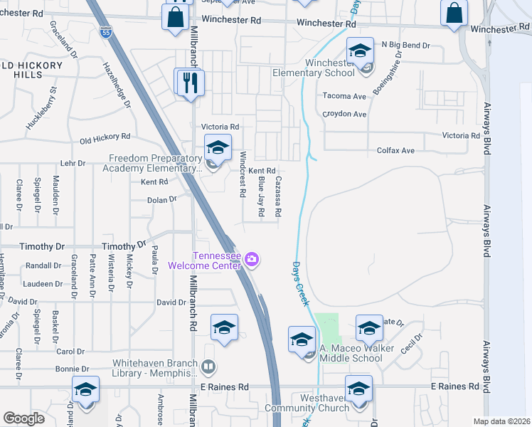 map of restaurants, bars, coffee shops, grocery stores, and more near 3822 Blue Jay Road in Memphis