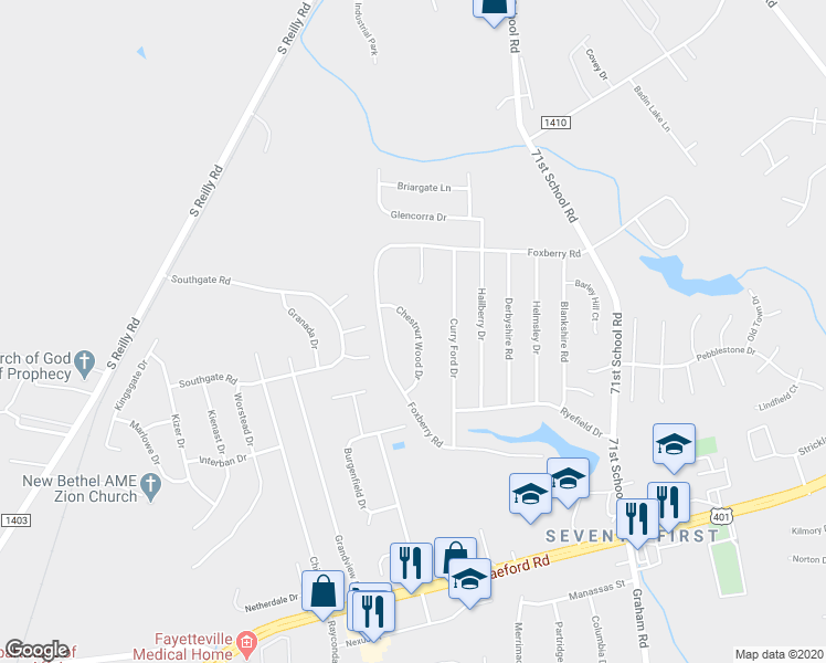 map of restaurants, bars, coffee shops, grocery stores, and more near 1124 Chestnut Wood Drive in Fayetteville