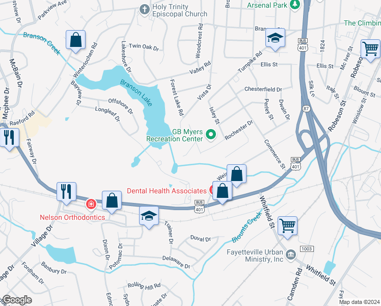 map of restaurants, bars, coffee shops, grocery stores, and more near 1529 Lacy Street in Fayetteville