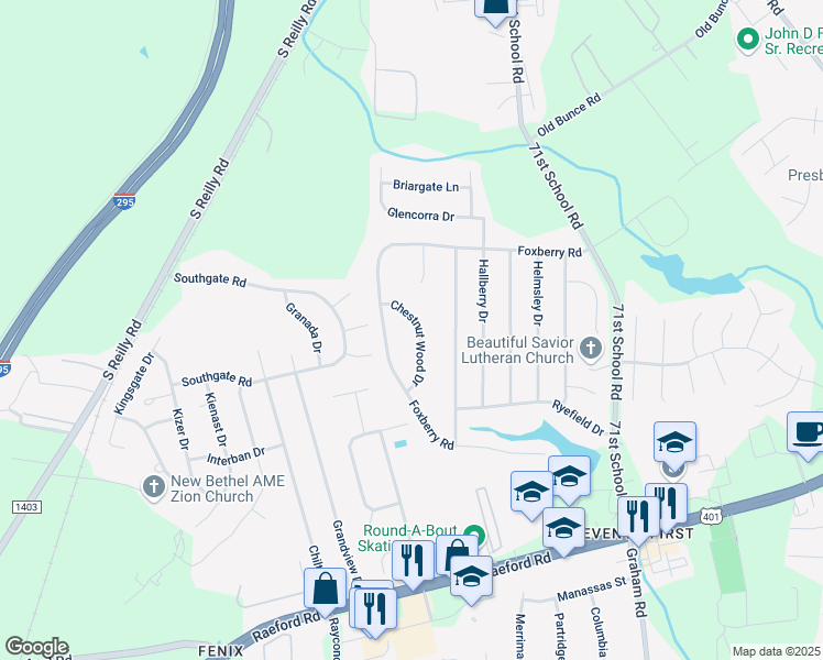map of restaurants, bars, coffee shops, grocery stores, and more near 1124 Chestnut Wood Drive in Fayetteville