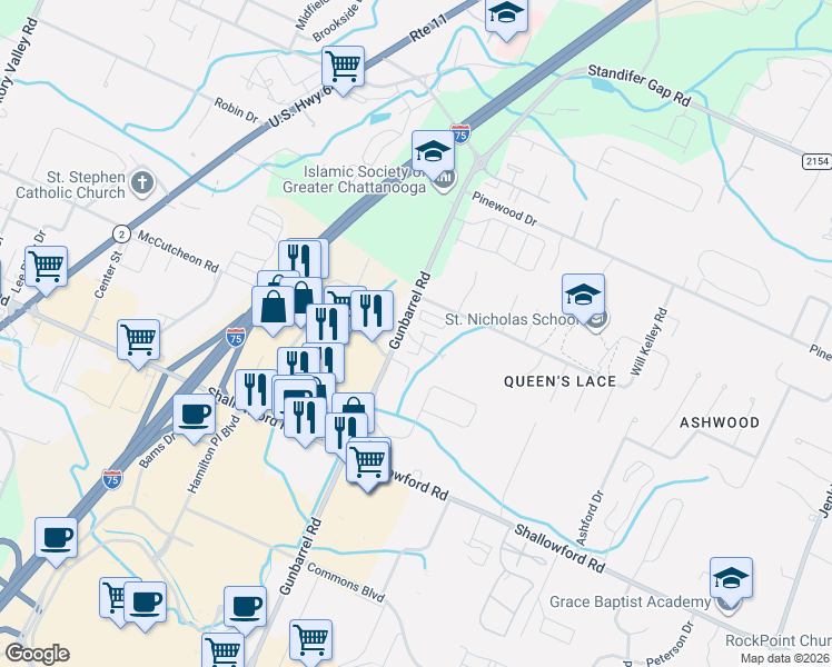 map of restaurants, bars, coffee shops, grocery stores, and more near 7409 Hamilton Run Drive in Chattanooga