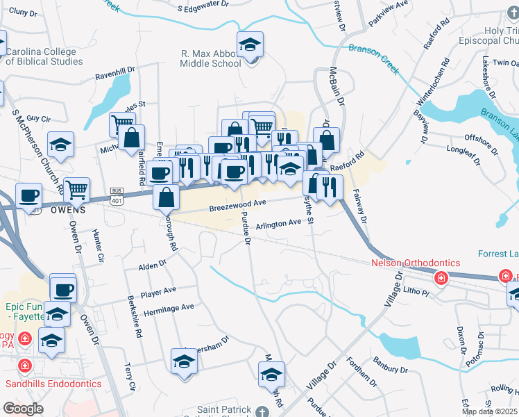 map of restaurants, bars, coffee shops, grocery stores, and more near 2815 Breezewood Avenue in Fayetteville