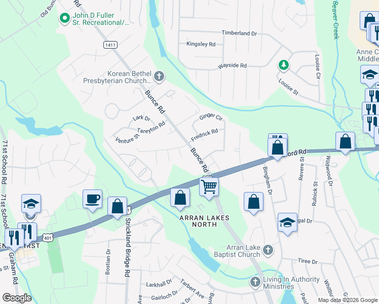 map of restaurants, bars, coffee shops, grocery stores, and more near 1115 Bunce Rd in Fayetteville