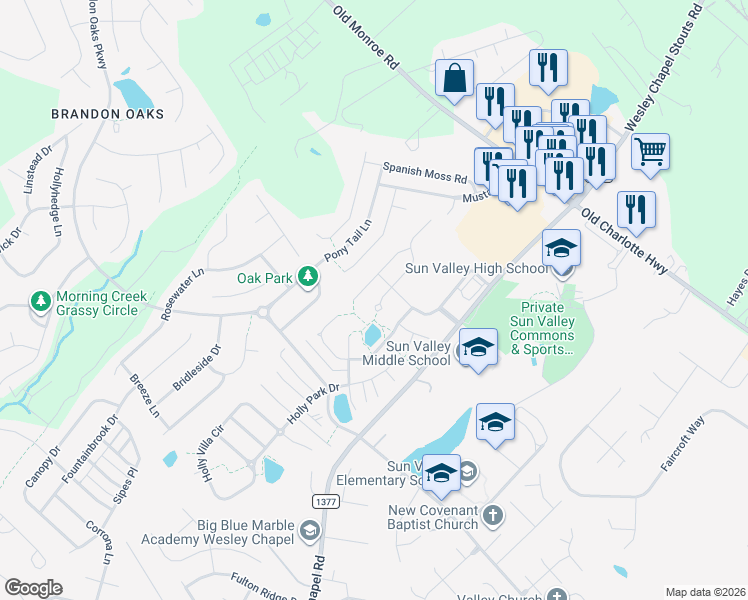 map of restaurants, bars, coffee shops, grocery stores, and more near 1016 Council Fire Circle in Indian Trail