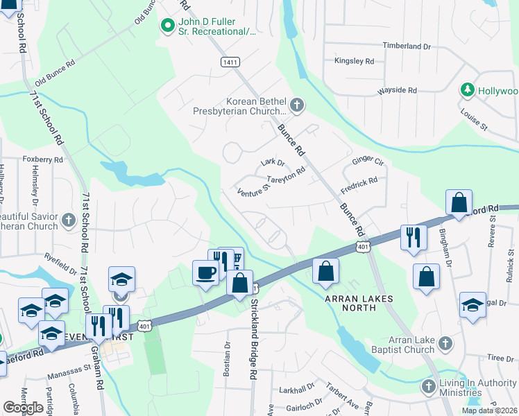 map of restaurants, bars, coffee shops, grocery stores, and more near Dorado Circle in Fayetteville